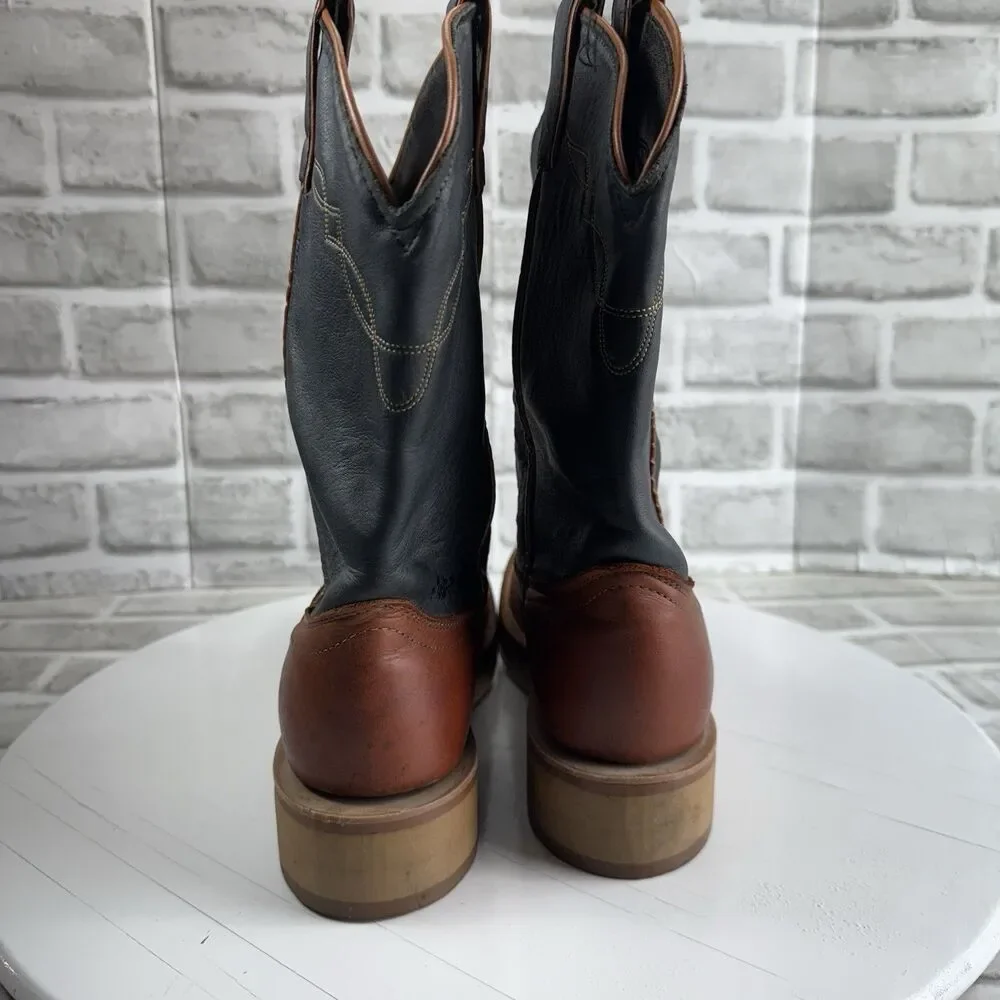 Laredo Vintage Men's 8.5 Brown and Blue Leather Pull On Cowboy Western Boots